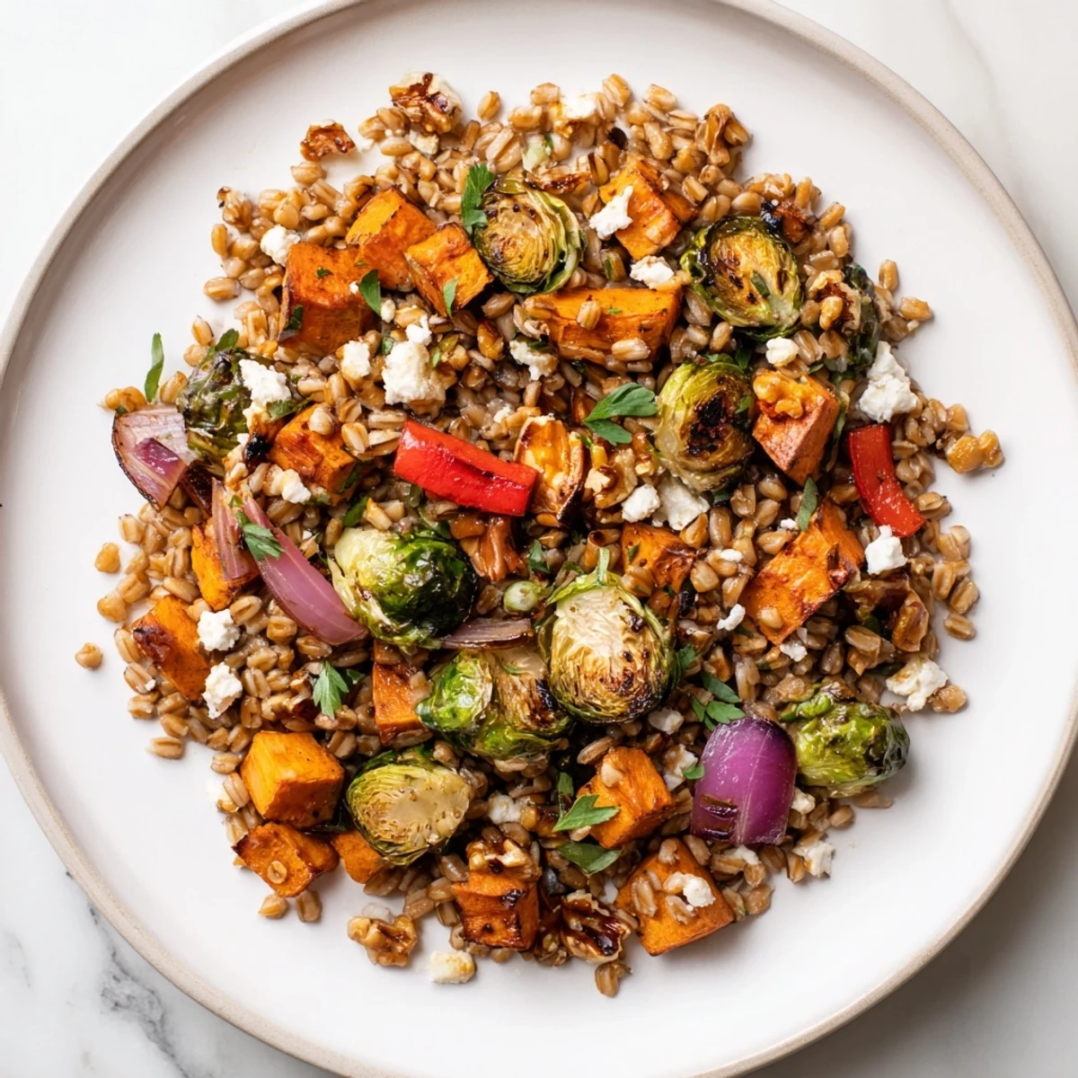 Steaming Farro Cinnamon Warmed and Roasted Vegetable Salad with golden sweet potatoes and Brussels sprouts.