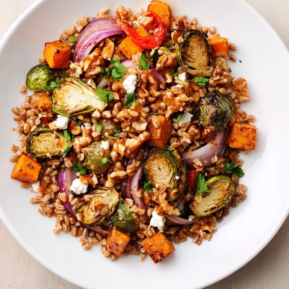 Hearty Farro Cinnamon Warmed and Roasted Vegetable Salad topped with crumbled feta and fresh parsley.