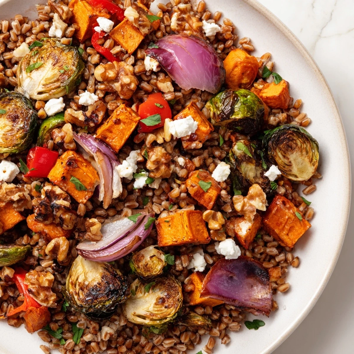 Warm Farro Cinnamon Warmed and Roasted Vegetable Salad served in a rustic bowl with toasted walnuts.
