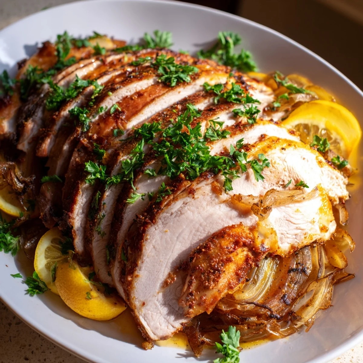 Golden-brown roasted turkey breast seasoned with Immune Boosting Cinnamon Warmed Paprika Spiced Turkey, topped with fresh parsley and lemon slices.