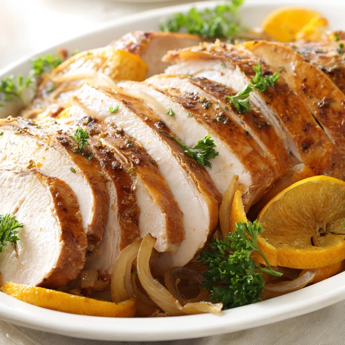 Juicy Immune Boosting Cinnamon Warmed Paprika Spiced Turkey fresh from the oven, garnished with parsley and onions, ideal for a healthy main dish.