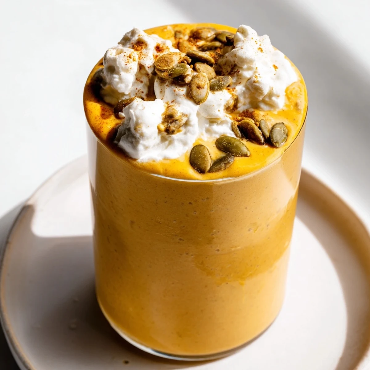 A glass of Spiced Pumpkin Chia Smoothie topped with coconut whipped cream and toasted pumpkin seeds.  