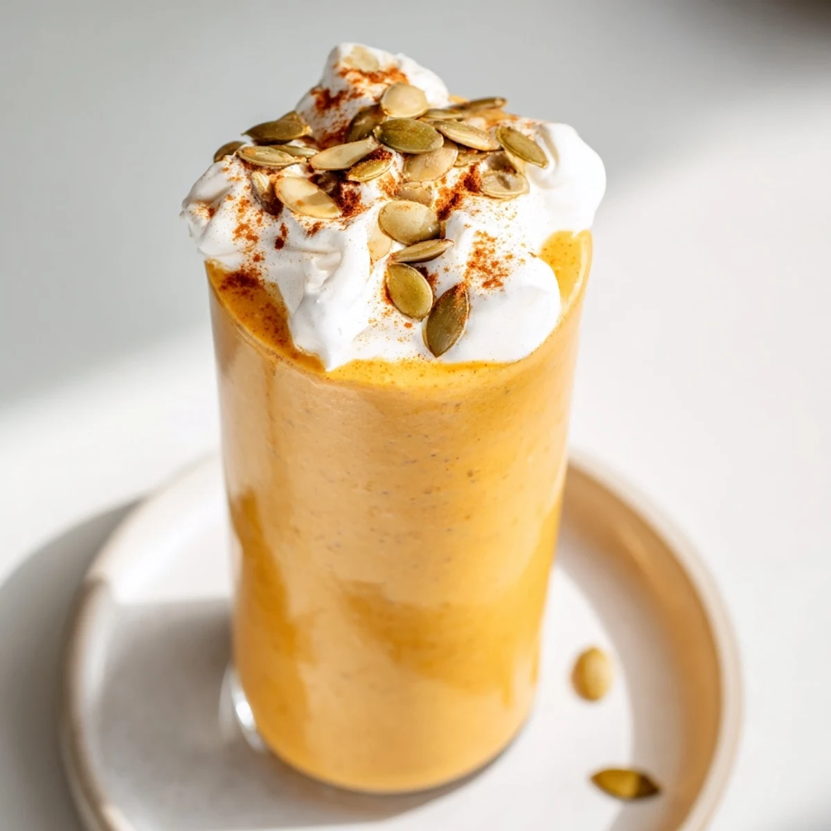 Close-up of creamy Spiced Pumpkin Chia Smoothie with a sprinkle of nutmeg and pumpkin seeds.