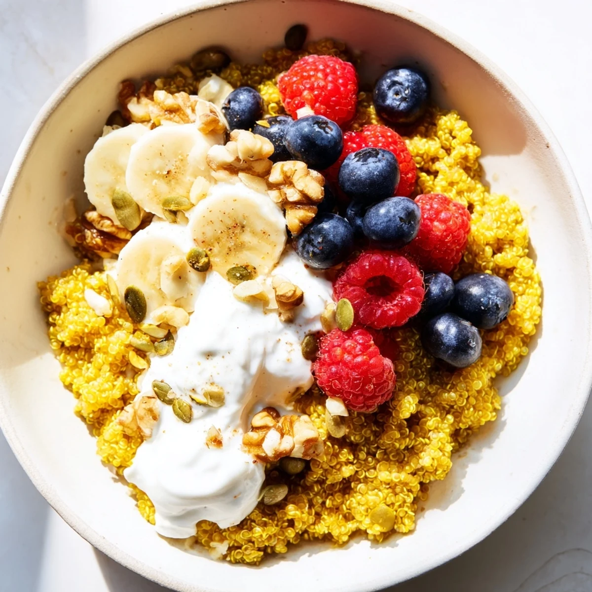 A close-up of the Maple Turmeric Quinoa Breakfast Bowl shows fluffy golden quinoa topped with fresh berries and seeds for a vibrant start.