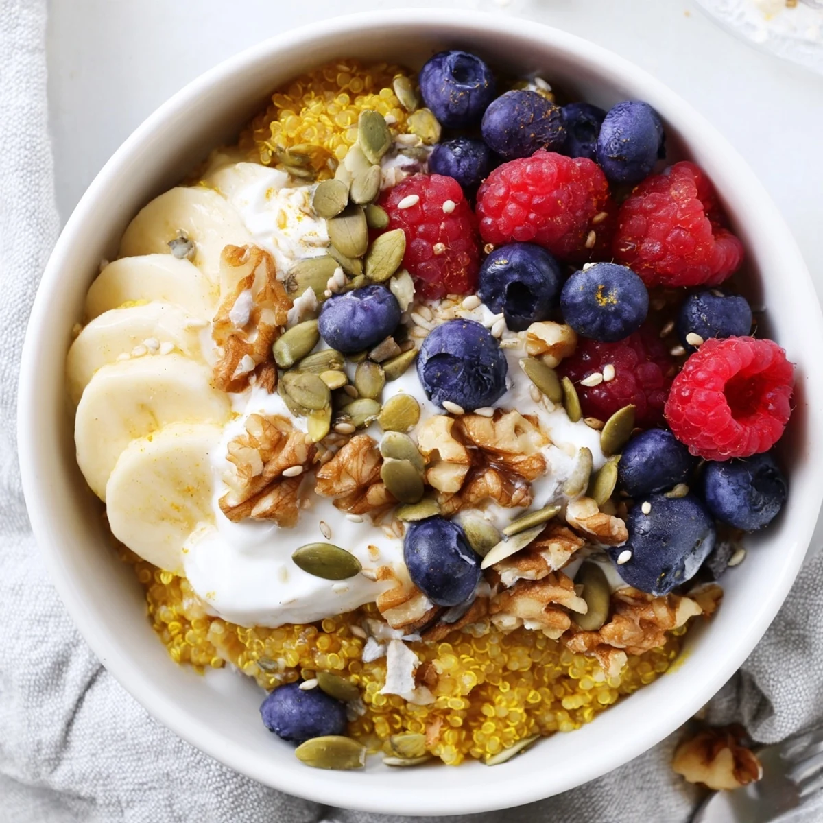 Steam rises from the warm Maple Turmeric Quinoa Breakfast Bowl featuring creamy yogurt slices of banana and a drizzle of maple syrup.
