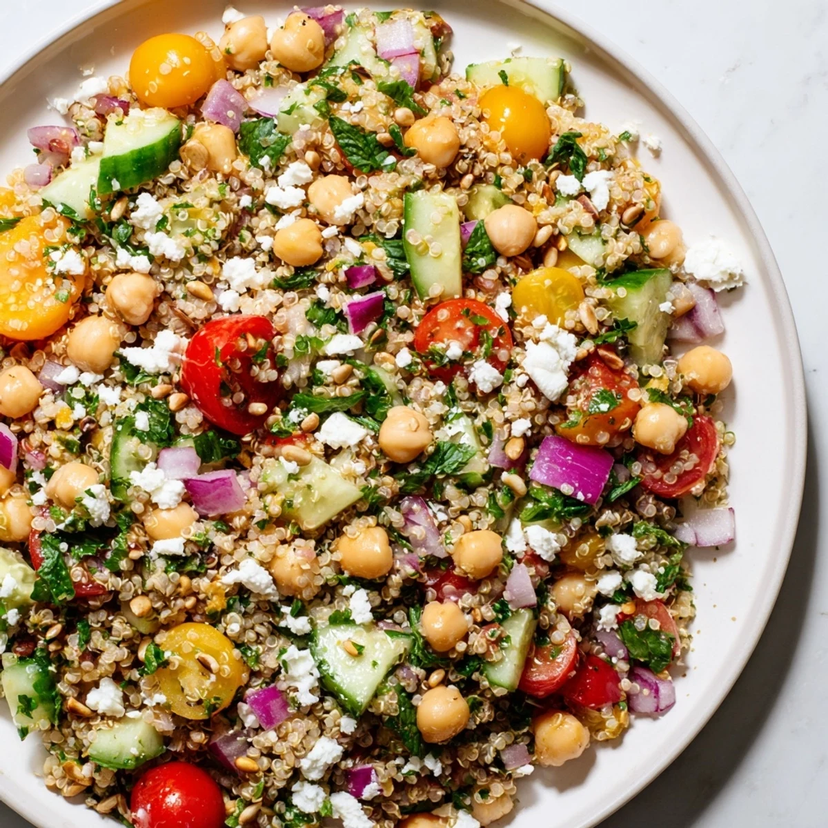 Fresh Citrus Herb Chickpea Grain Salad in a white bowl with cherry tomatoes, cucumber, and herbs.