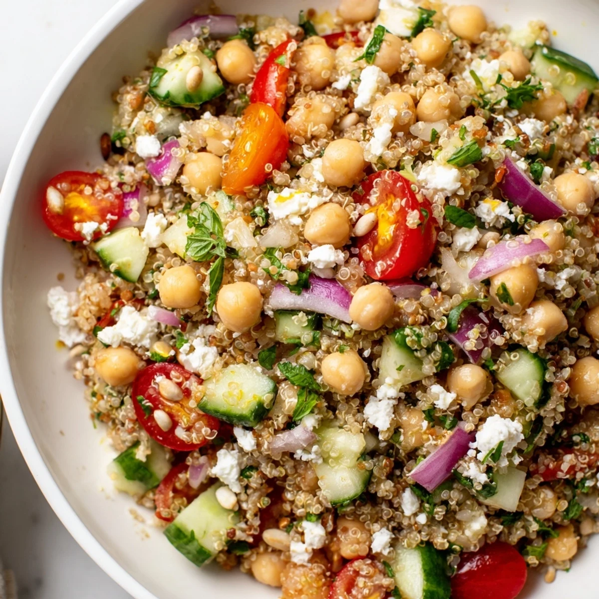 Healthy vegan Citrus Herb Chickpea Grain Salad topped with seeds and feta, ready for a light lunch.