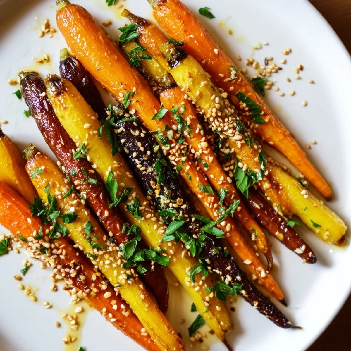 Vibrant roasted carrot medley with a caramelized miso maple glaze, garnished with sesame seeds and fresh parsley for serving.