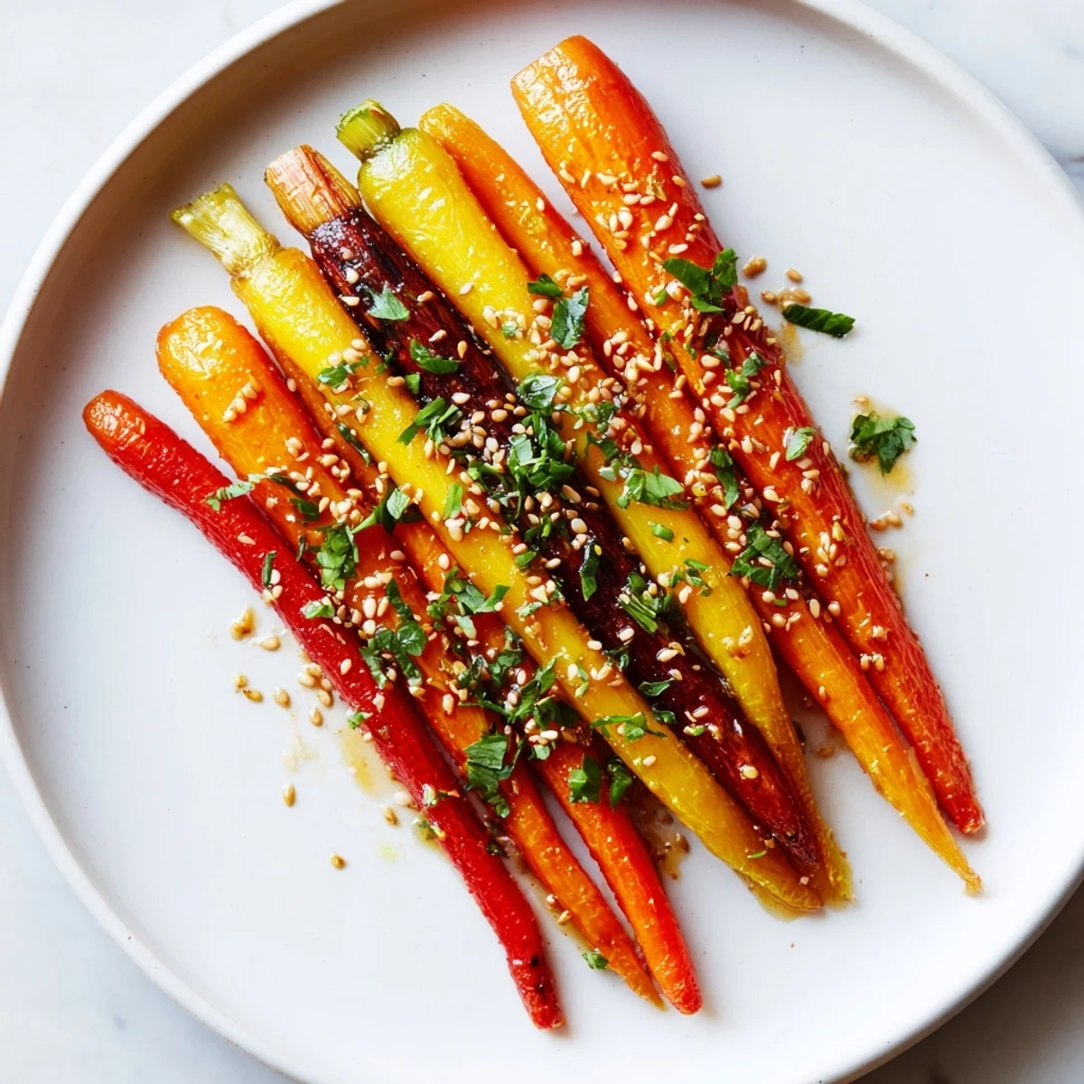 Close-up of miso maple roasted carrot medley, glossy and caramelized, finished with sesame seeds and herbs for a flavorful side.
