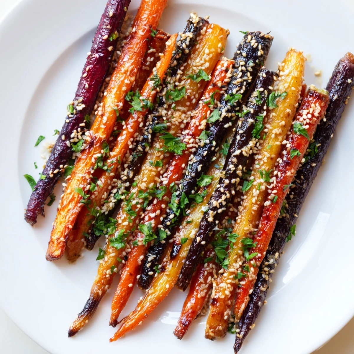 Tender carrots roasted with savory-sweet miso maple glaze, arranged on a platter as a colorful, vegetarian gluten-free side dish.