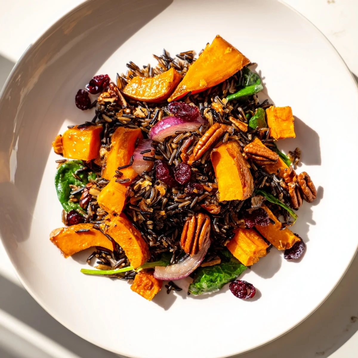 Roasted sweet potatoes, carrots, and red onions are tossed with wild rice, cranberries, and a maple-Dijon vinaigrette in this Cranberry Wild Rice Harvest Bowl.