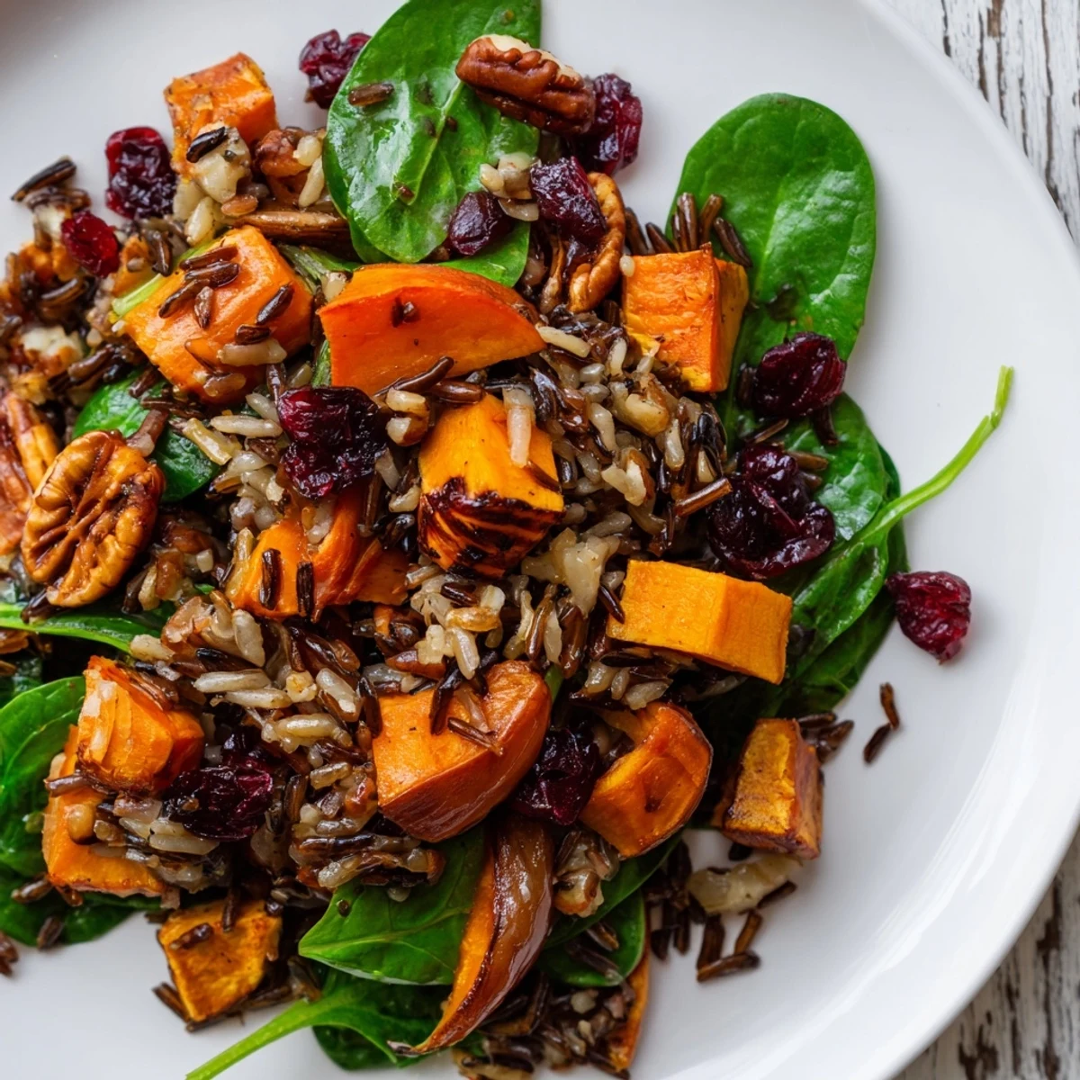 A vibrant bowl of Cranberry Wild Rice Harvest Bowl features toasted pecans, fresh spinach, and warm grains, perfect for a cozy fall dinner.