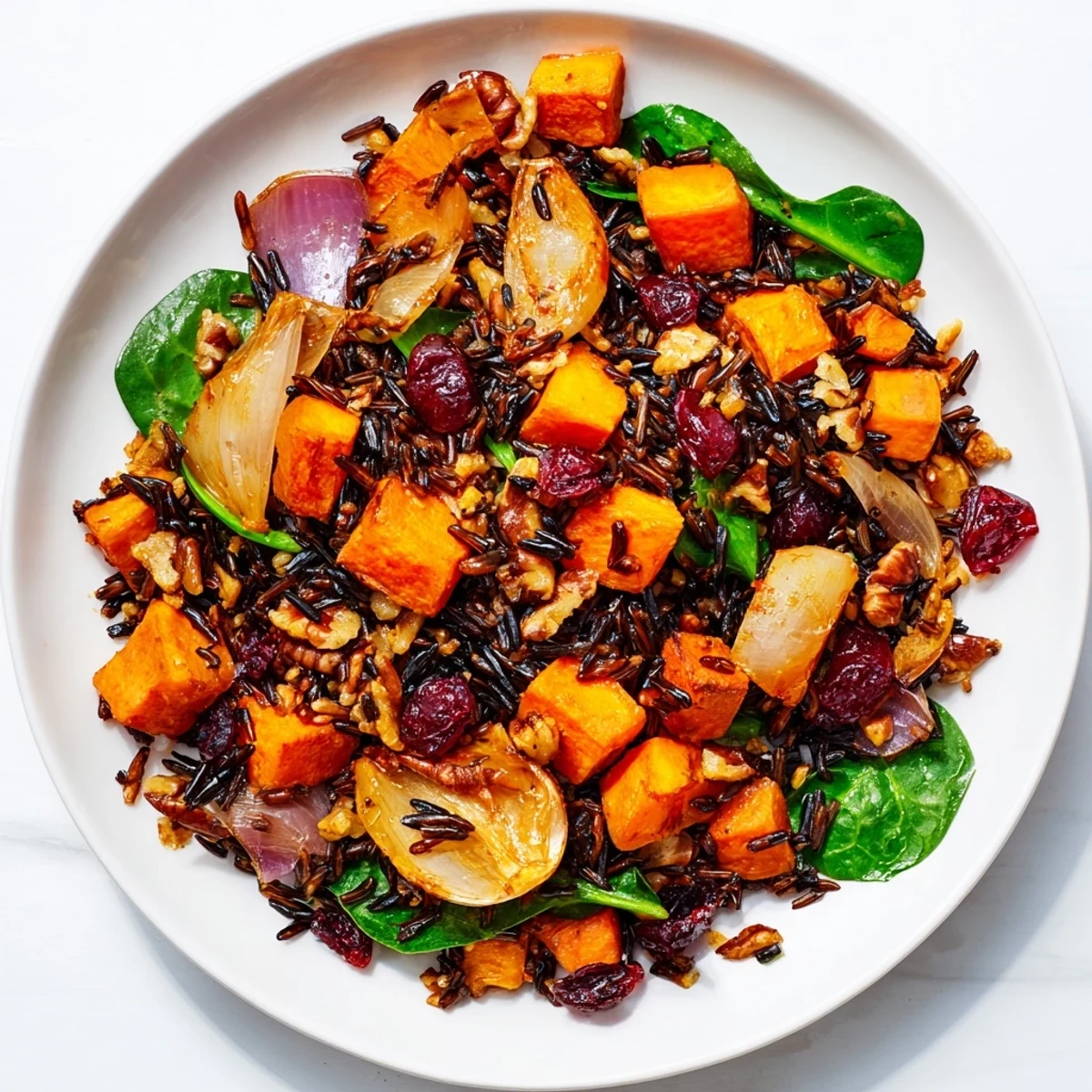 Serving suggestion for the Cranberry Wild Rice Harvest Bowl: a colorful mix of roasted vegetables, dried cranberries, and nutty wild rice topped with vinaigrette.
