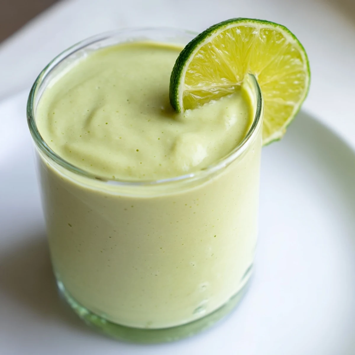 A frosty glass of Creamy Avocado Citrus Smoothie topped with a sprig of mint, perfect for a healthy breakfast.