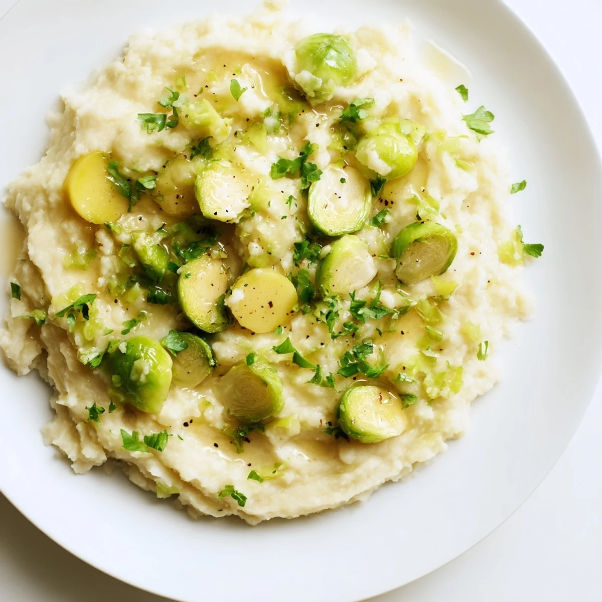 Creamy Honey Glazed Brussels Sprout Mash served warm in a rustic bowl with a glossy drizzle.