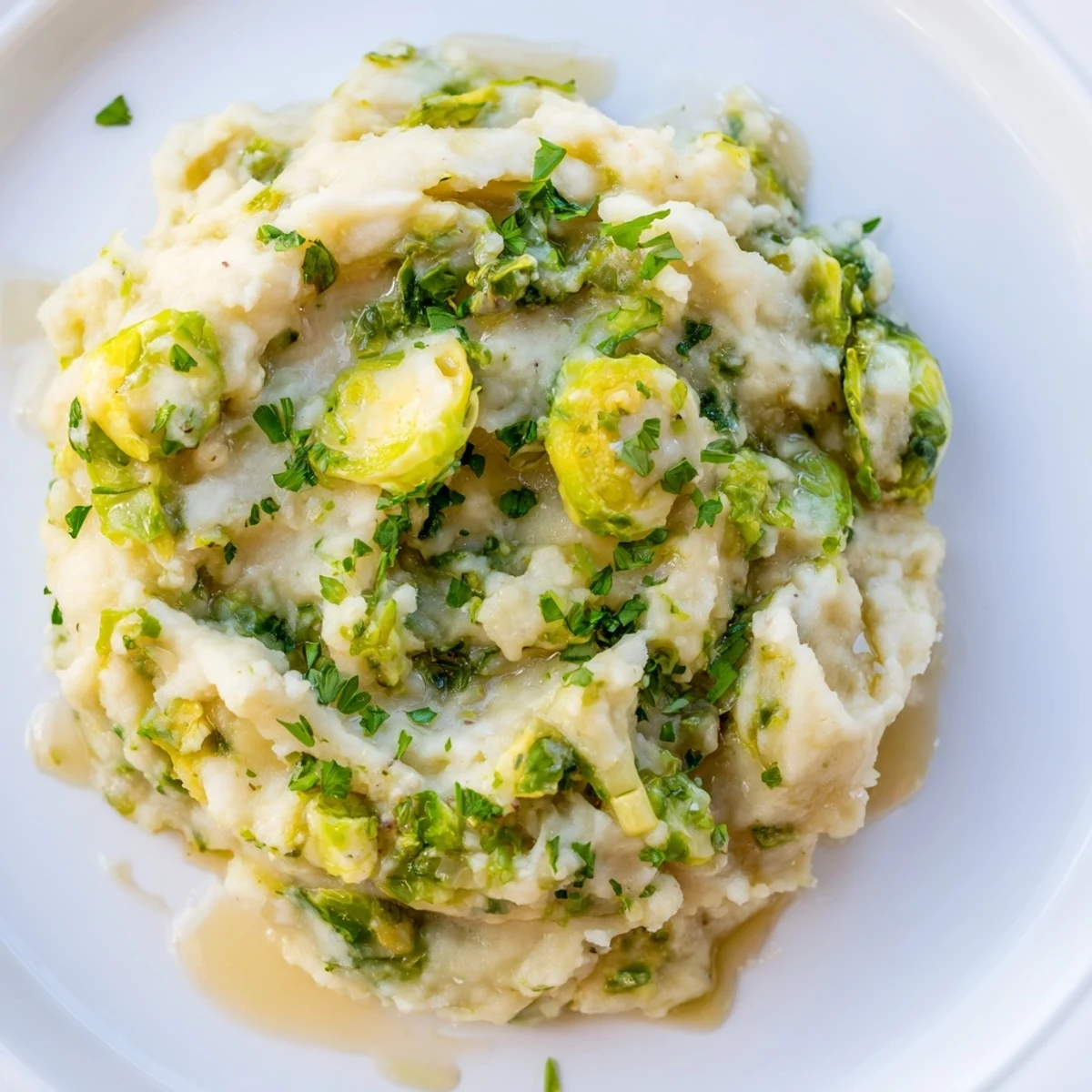 A spoonful of the savory Honey Glazed Brussels Sprout Mash showing its smooth, buttery texture.
