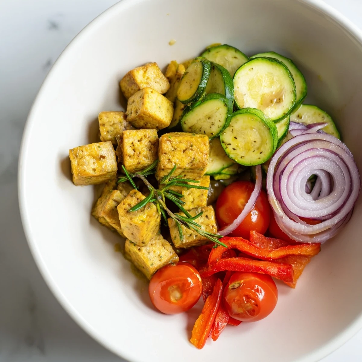 Golden tempeh cubes glisten in a skillet with sautéed red onion, bell pepper, and zucchini, finished with fresh rosemary and lemon wedges.