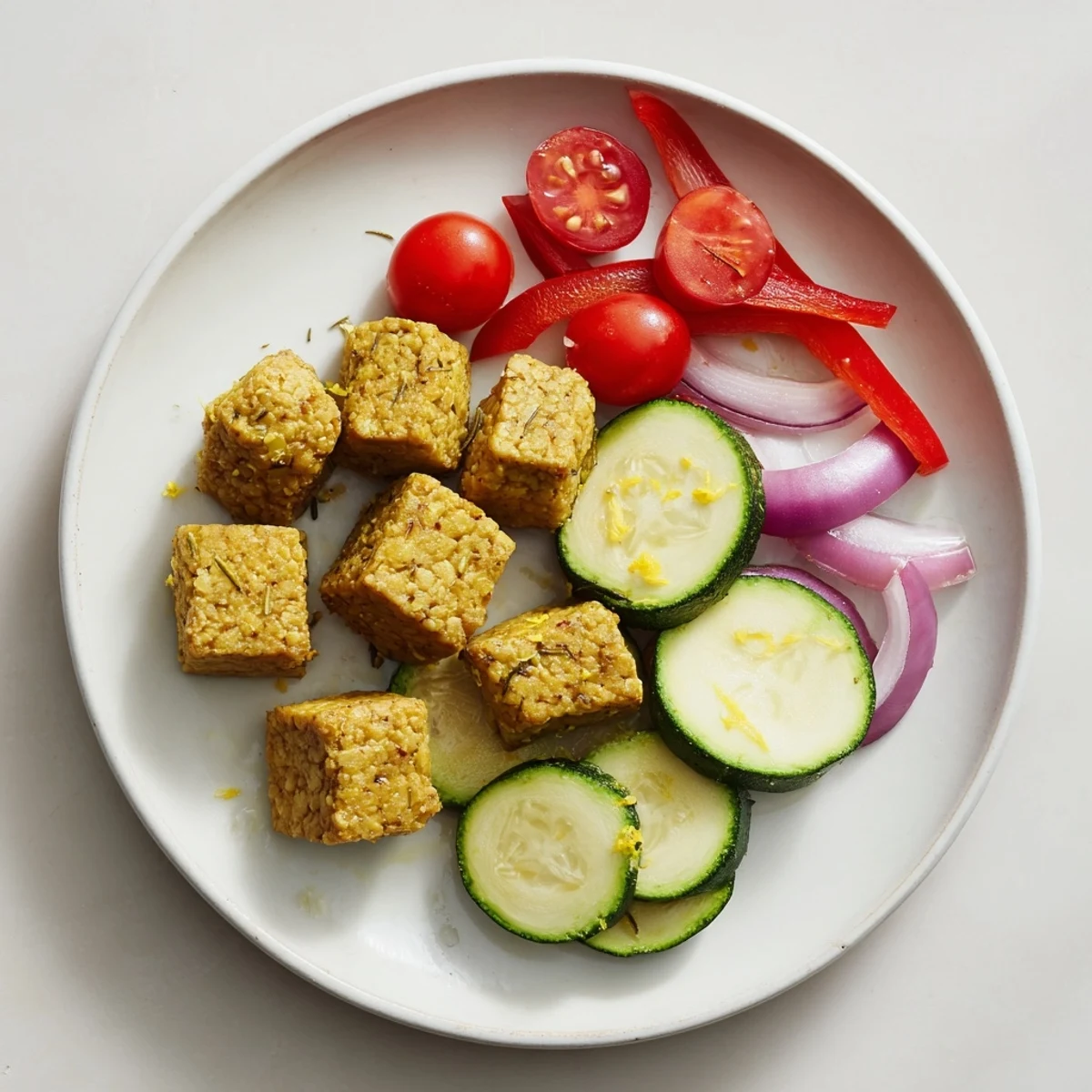 A vibrant Rosemary Lemon Tempeh Skillet with colorful vegetables and lemon slices, served over a bed of fluffy quinoa for a hearty meal.