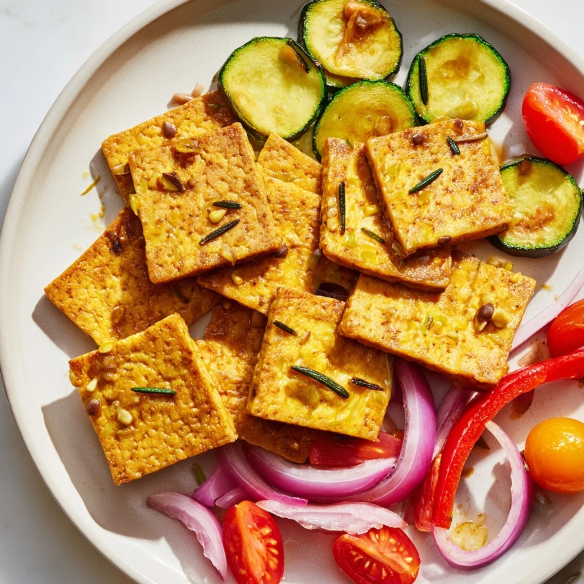 Close-up of a savory Rosemary Lemon Tempeh Skillet garnished with rosemary sprigs, surrounded by halved cherry tomatoes and sliced zucchini on a rustic table.
