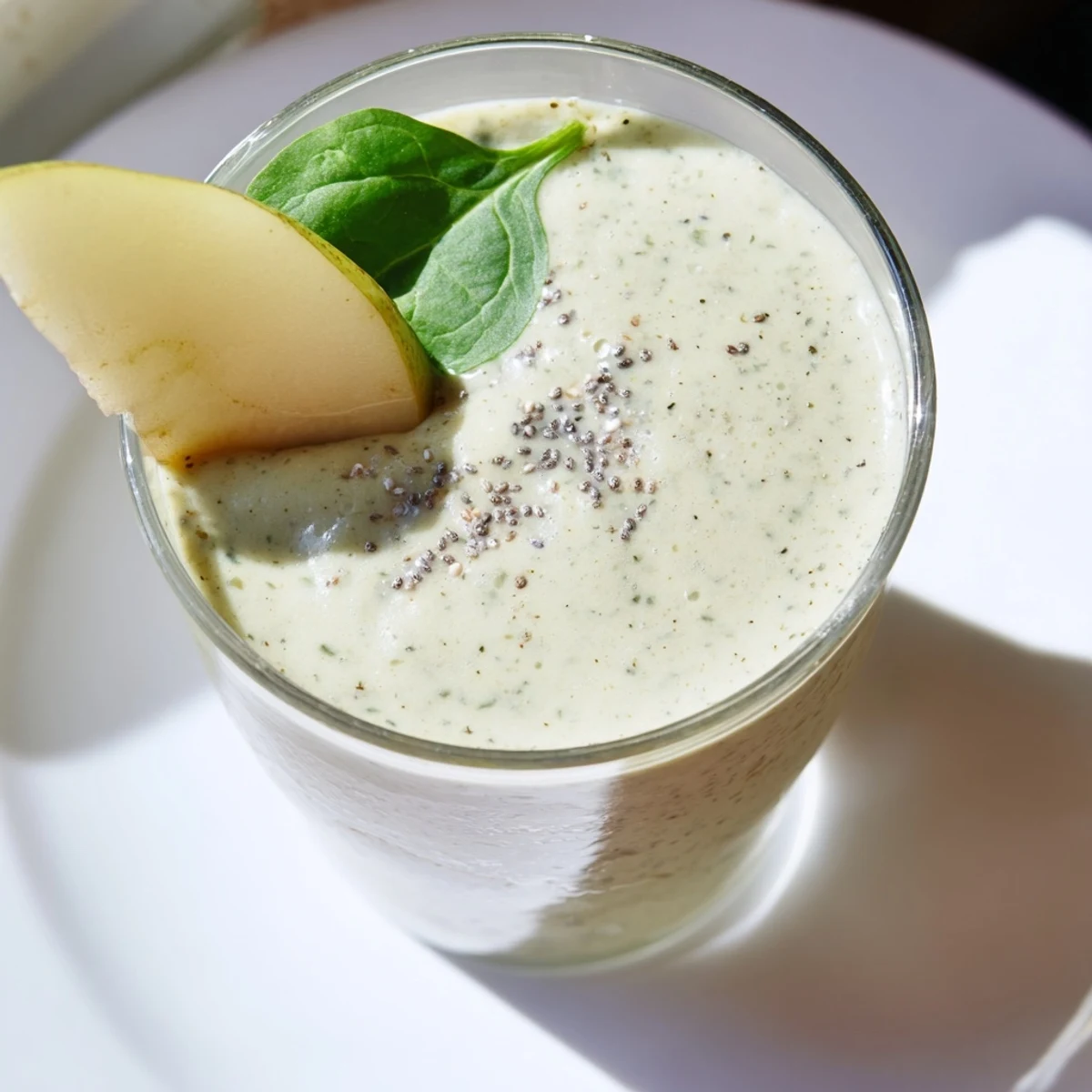 A vibrant Ginger Pear Spinach Smoothie in a glass, garnished with a fresh pear slice.