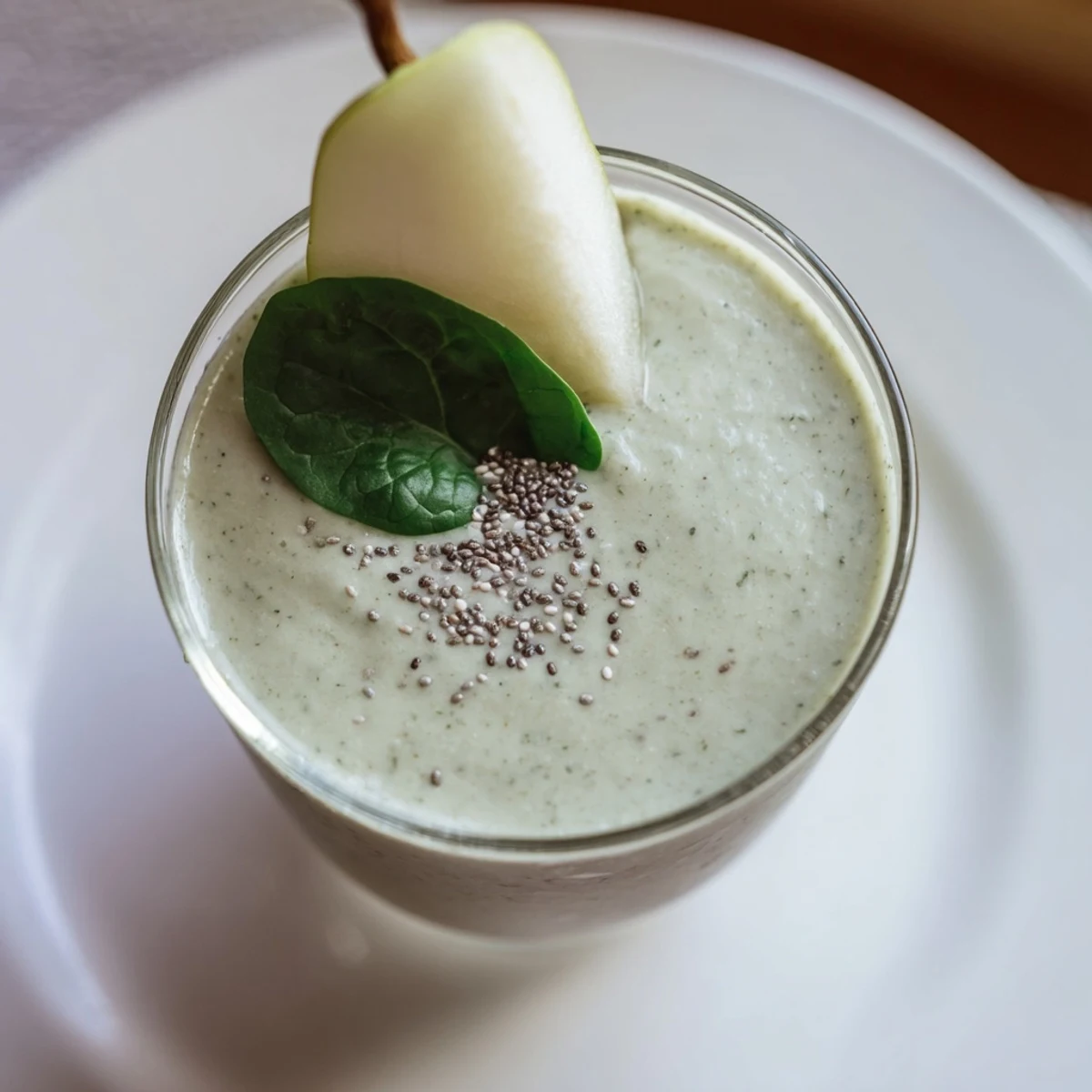 This chilled Ginger Pear Spinach Smoothie is served in a tall glass beside fresh ingredients.