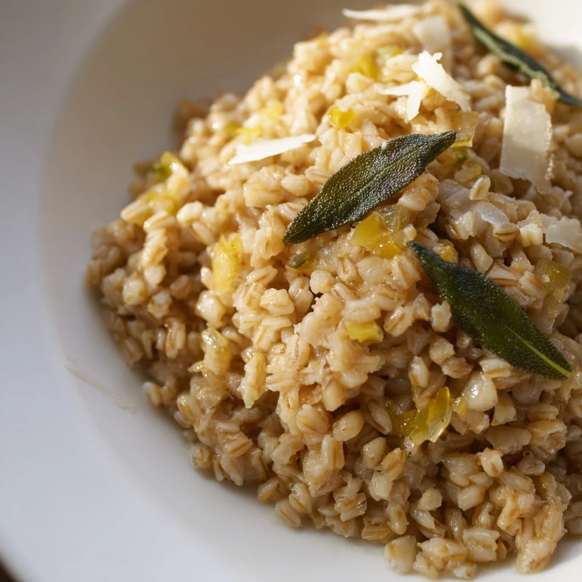 Steaming bowl of Brown Butter Sage Farro Risotto, garnished with crispy sage leaves.