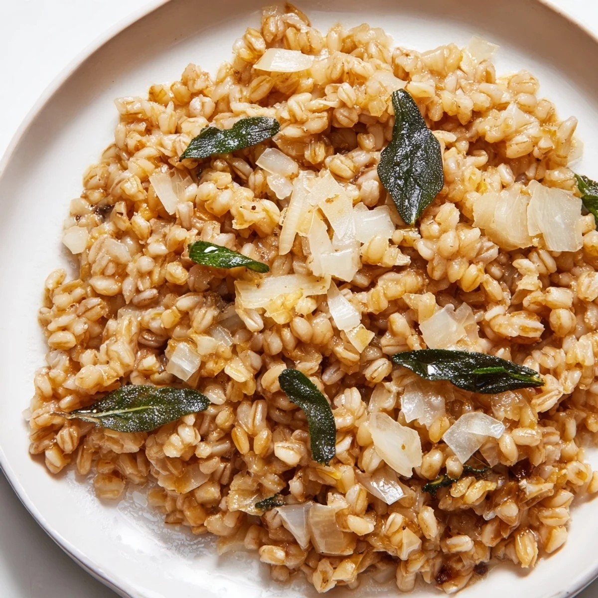 Hearty Italian-inspired Brown Butter Sage Farro Risotto served on a rustic plate.