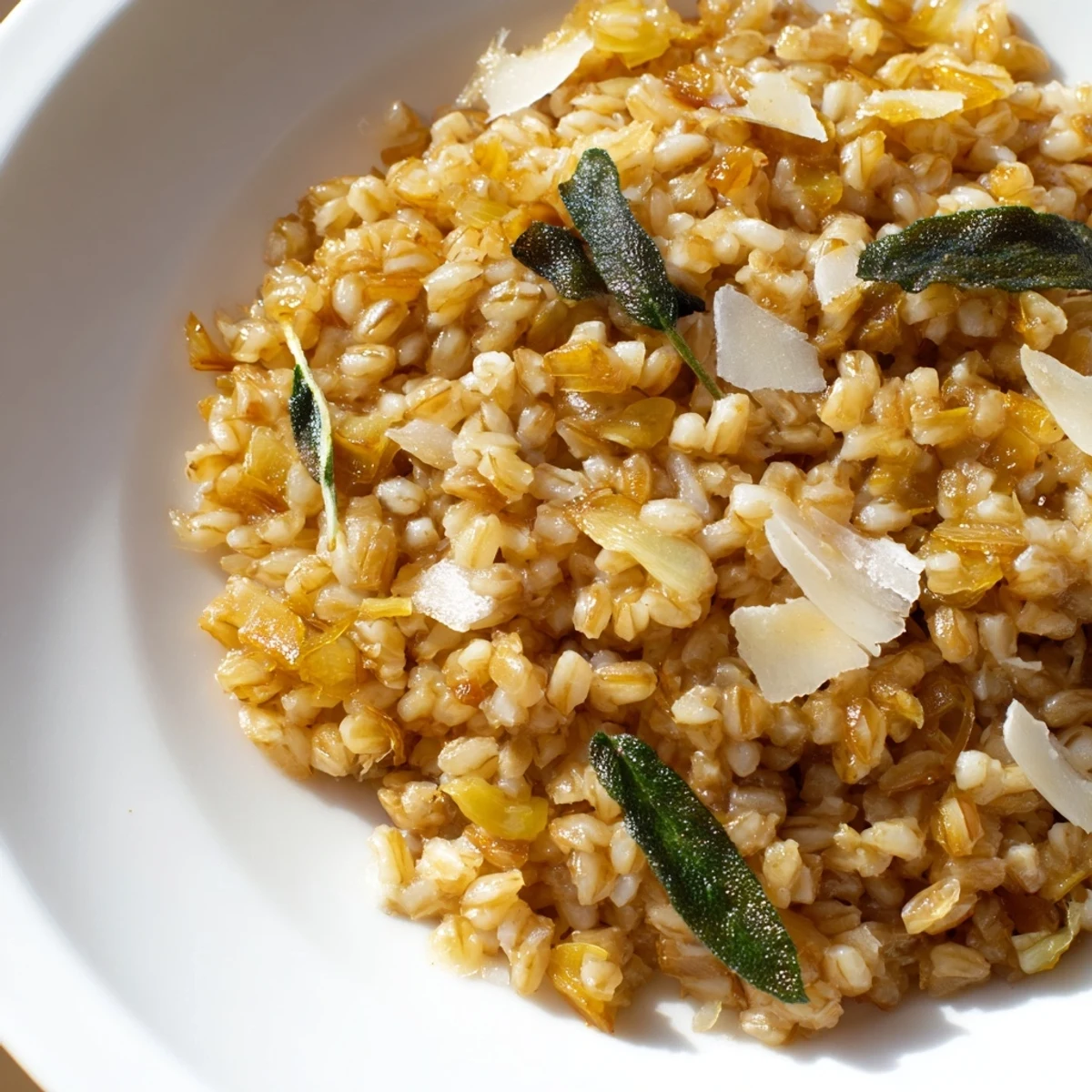 Close-up of Brown Butter Sage Farro Risotto with Parmesan and sautéed onions.