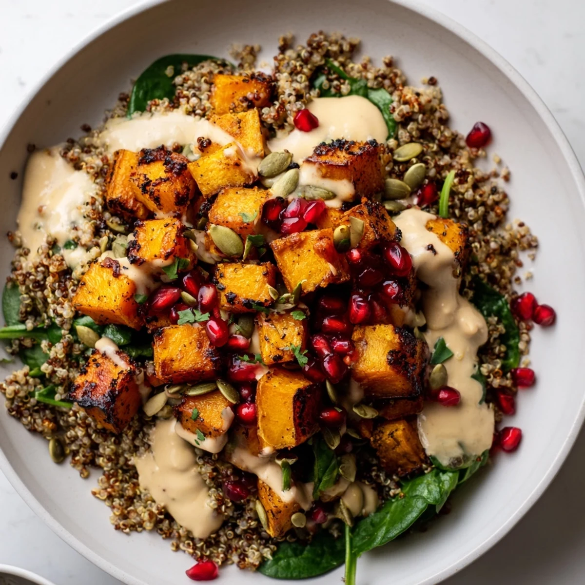 Golden roasted butternut squash cubes and fluffy quinoa fill a bowl, drizzled with creamy maple tahini dressing and topped with bright pomegranate seeds.