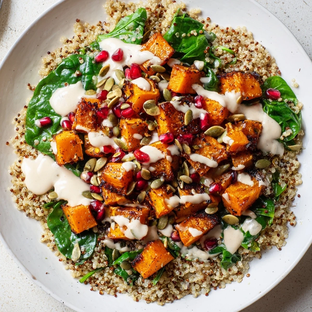 A warm Maple Tahini Roasted Squash Bowl garnished with pumpkin seeds and fresh parsley, showcasing a cozy and nourishing plant-based main dish.