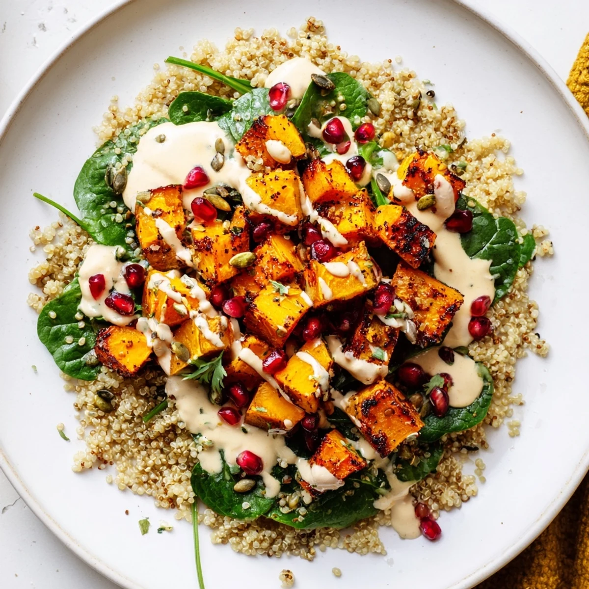 Close-up of a vibrant Maple Tahini Roasted Squash Bowl with glistening squash, greens, and a rich, drizzled tahini sauce for a healthy meal.