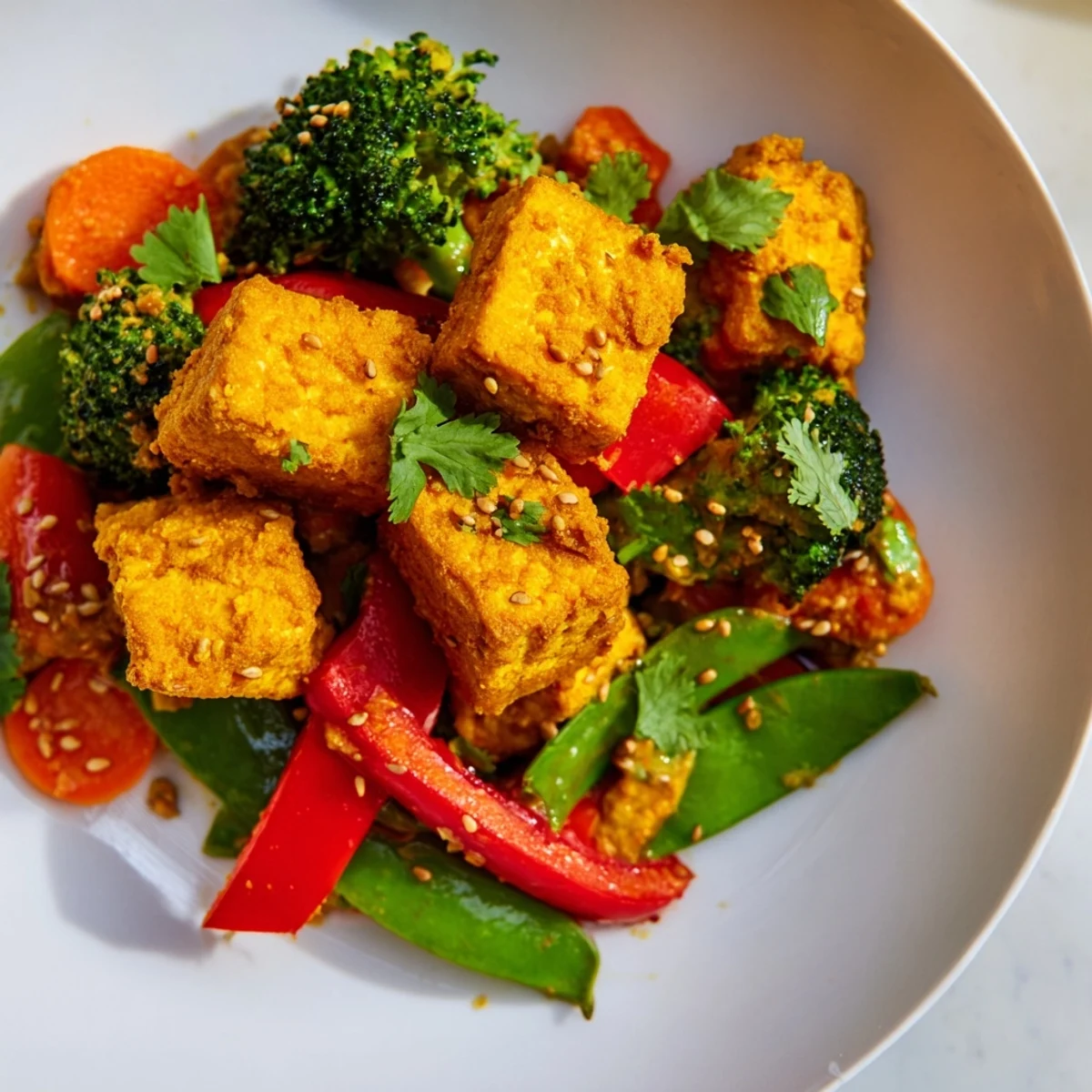 Golden cubes of tofu tossed with crisp bell pepper, broccoli, and carrots in a fragrant ginger turmeric protein tofu skillet.
