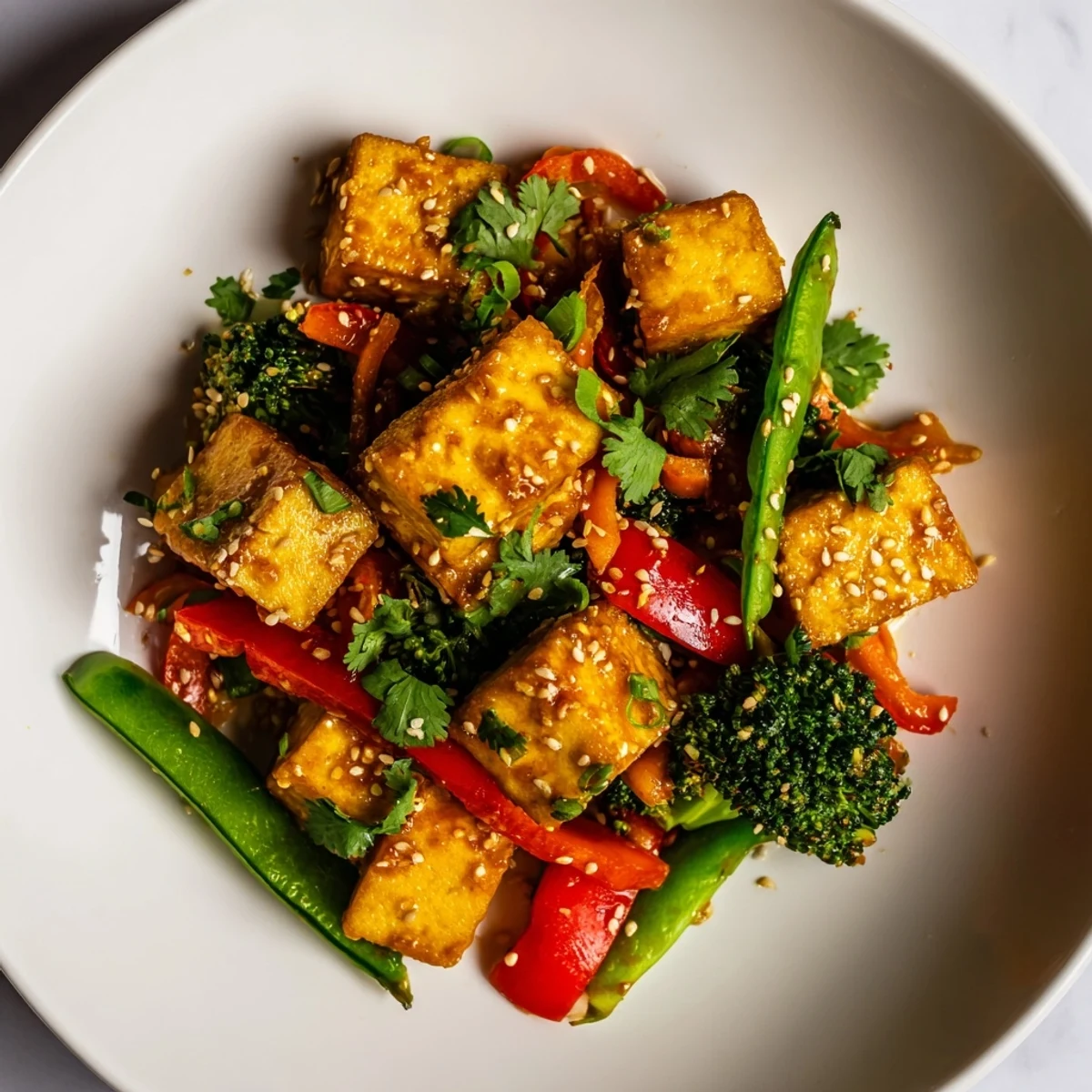 Healthy vegan ginger turmeric protein tofu skillet dinner, featuring golden turmeric tofu and colorful vegetables on a rustic white plate.
