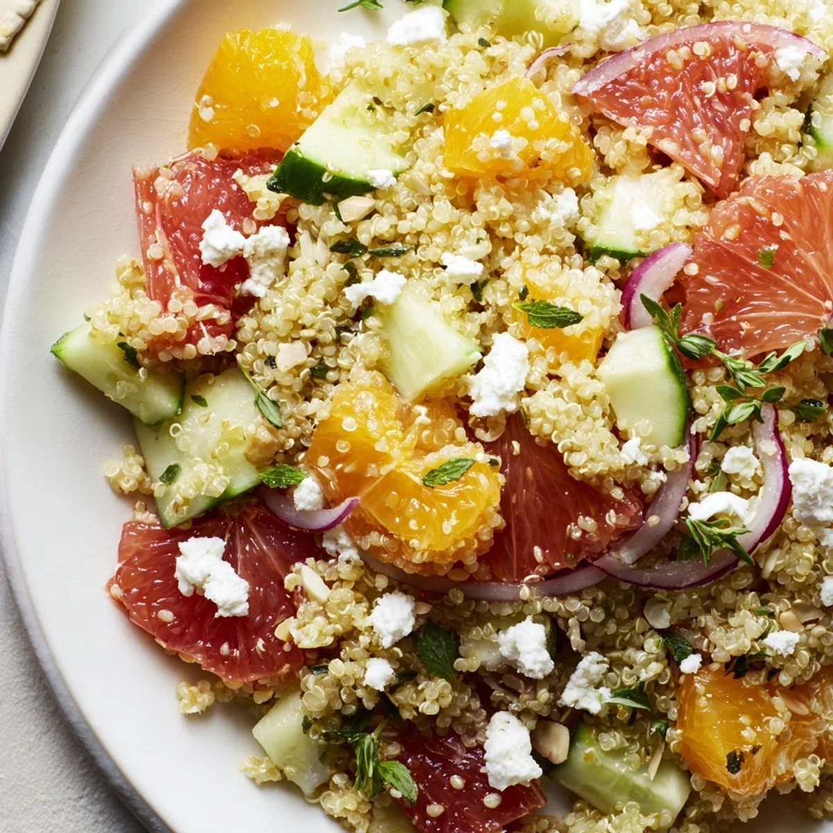 Citrus Thyme Quinoa Salad showcasing juicy orange and grapefruit slices over a bed of herbs.