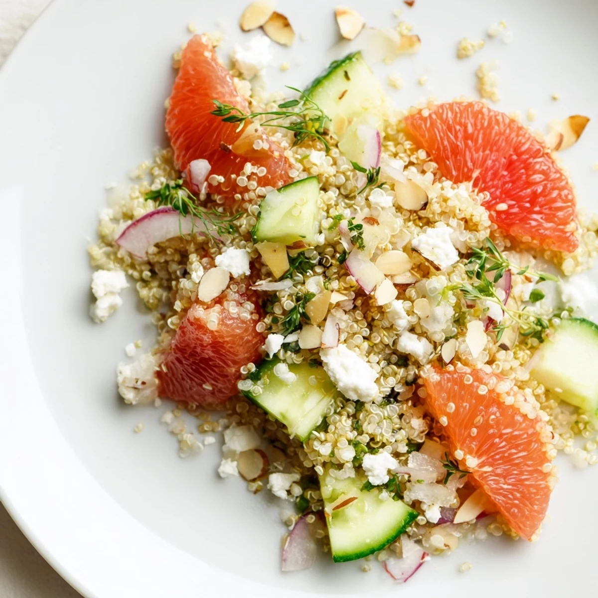 Vibrant salad bowl with cucumber, red onion, and thyme vinaigrette beside a glass of wine.