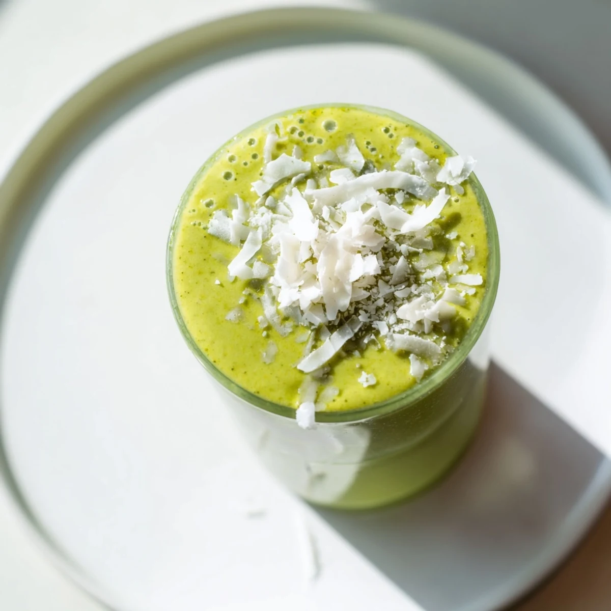 Chilled glasses of Creamy Coconut Matcha Smoothie garnished with shredded coconut and matcha dust, a creamy green breakfast beverage.