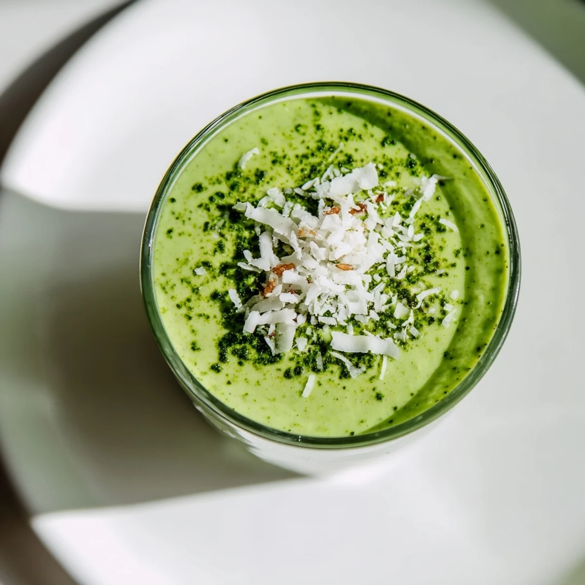 Vibrant green Creamy Coconut Matcha Smoothie topped with shredded coconut beside a fresh banana and blender, a vegan morning drink.