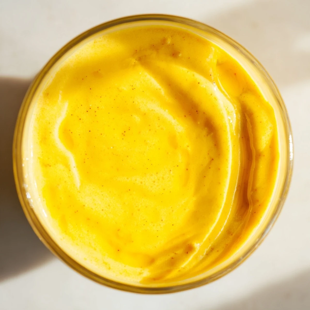 A photo of Honey Lemon Turmeric Smoothie in a glass with a bright yellow hue and ice cubes.
