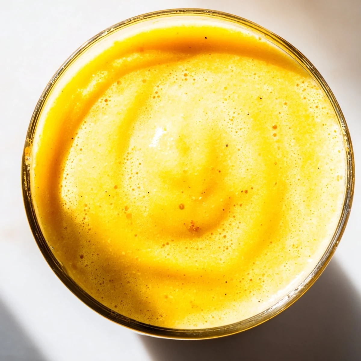 Close-up of creamy Honey Lemon Turmeric Smoothie with a straw and morning sunlight on the table.