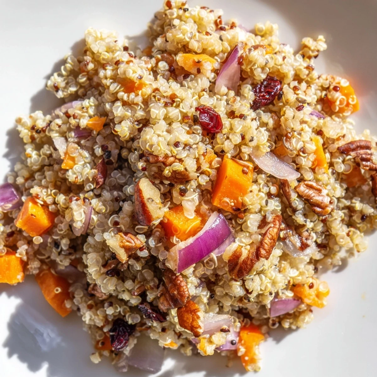 Warm Maple Orange Quinoa Pilaf garnished with fresh parsley and toasted pecans in a serving bowl.