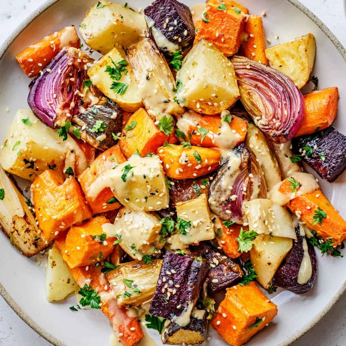 A close-up of the Tahini Maple Roasted Root Medley featuring sweet potatoes and beets glistening with a savory dressing, garnished with fresh parsley.
