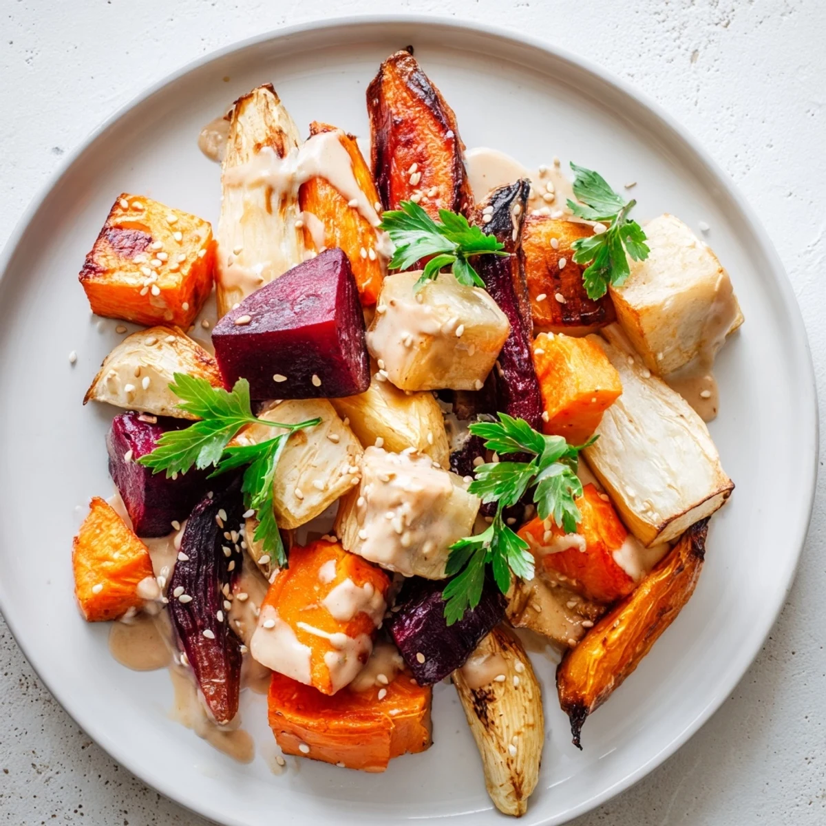 Served as a colorful main course or side dish, the Tahini Maple Roasted Root Medley offers warm, oven-roasted flavors perfect for a healthy vegan meal.