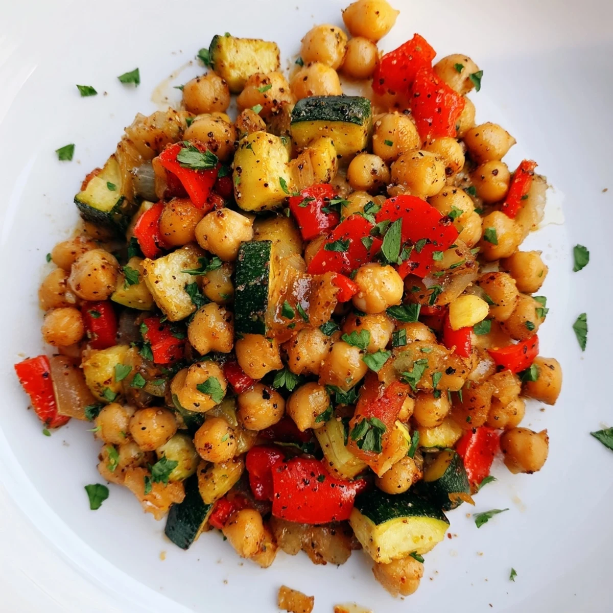 Golden-brown chickpeas with bell pepper and zucchini in a Lemon Pepper Chickpea Skillet, topped with fresh parsley.