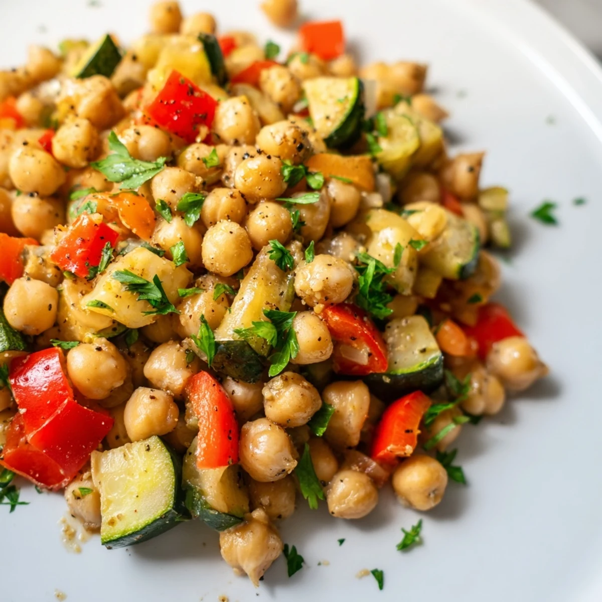 Zesty Lemon Pepper Chickpea Skillet in a cast iron pan, served with lemon wedges and fluffy quinoa on the side.