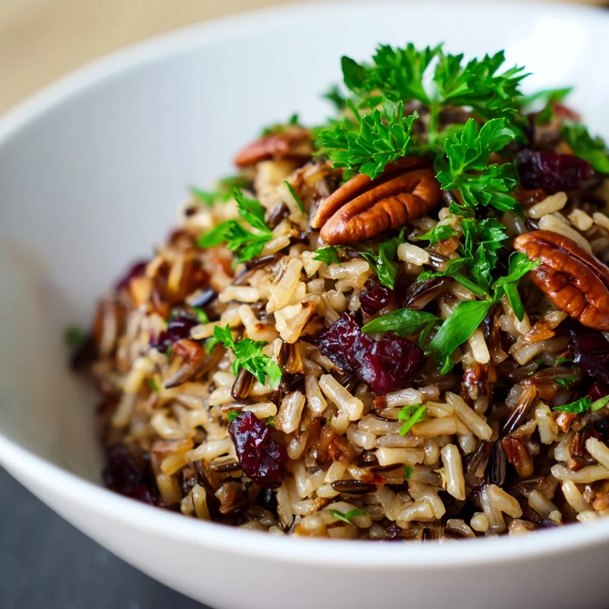 Cinnamon Infused Wild Rice Side with dried cranberries and walnuts in a ceramic bowl.