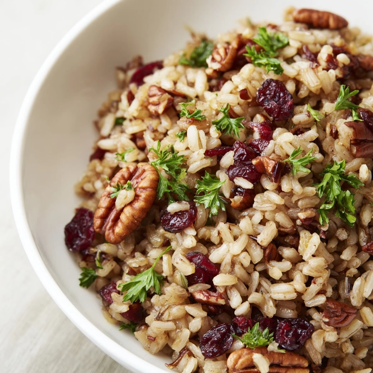 Warm Cinnamon Infused Wild Rice Side garnished with fresh parsley and toasted pecans.