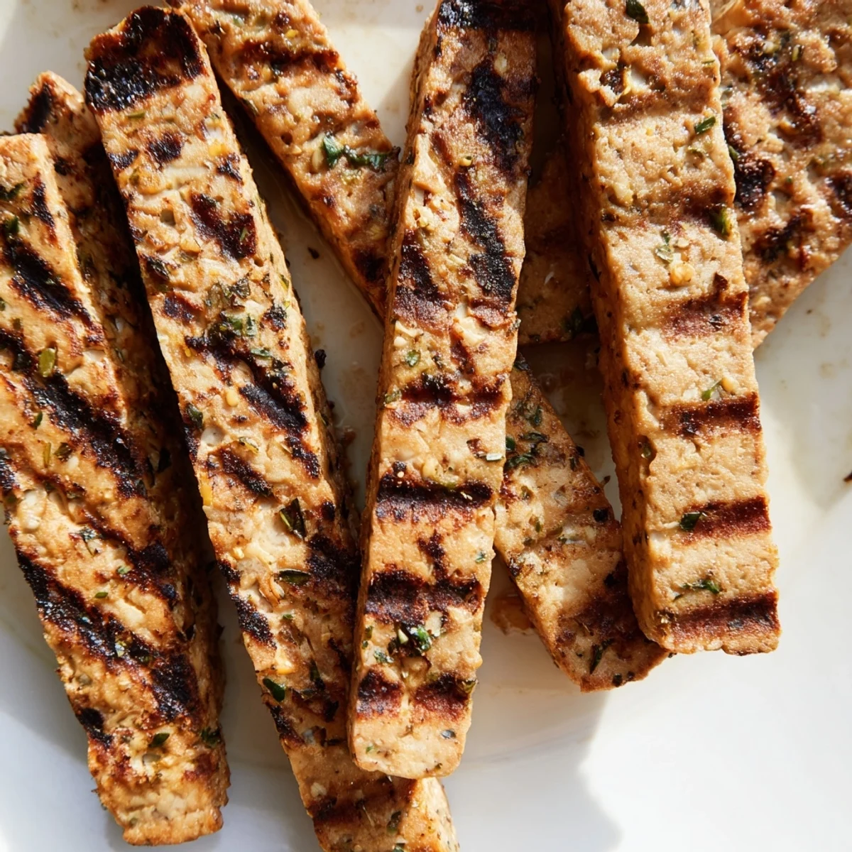 Golden brown Herb Grilled Tempeh Strips sizzling on the grill, releasing smoky aromas with fresh rosemary and thyme.