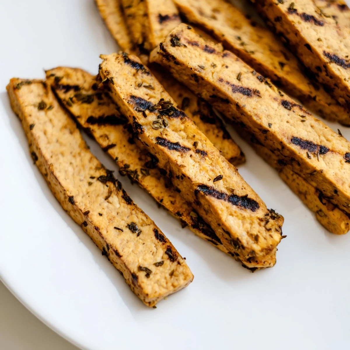 Close-up view of Herb Grilled Tempeh Strips, showing charred edges and juicy interior plated for dinner.