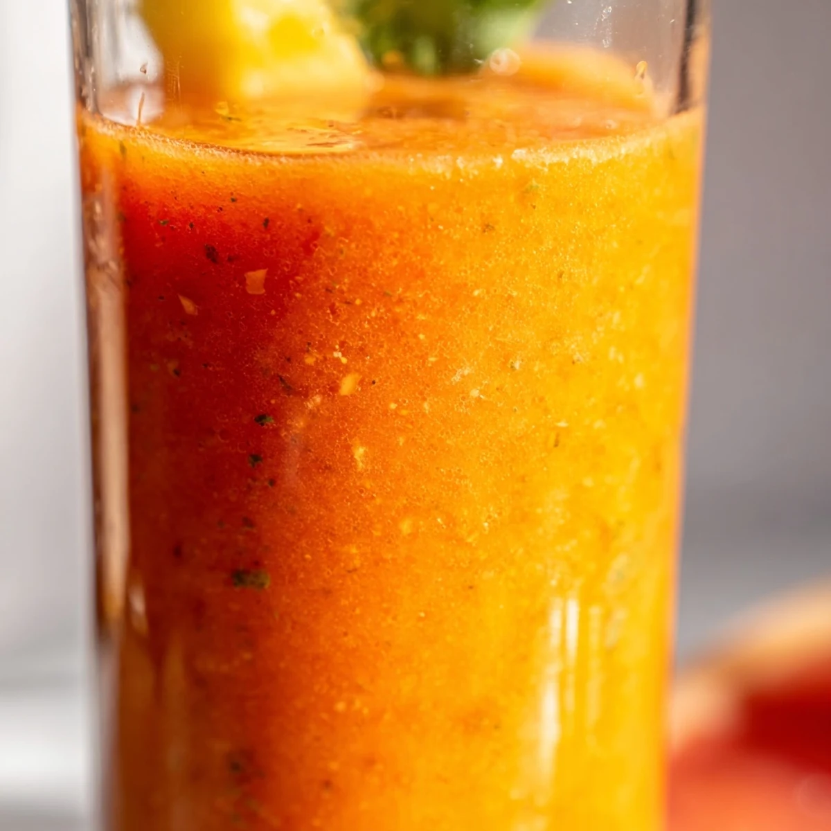 Tall glasses of vibrant Citrus Basil Smoothie, filled with bright green hue and topped with fresh basil and an orange slice.