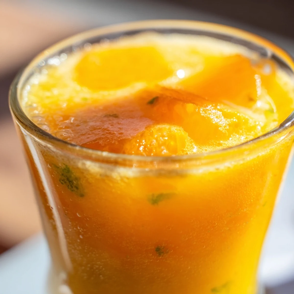 Overhead shot of a blender pitcher holding creamy Citrus Basil Smoothie, with citrus segments and ice nearby on a sunlit counter.